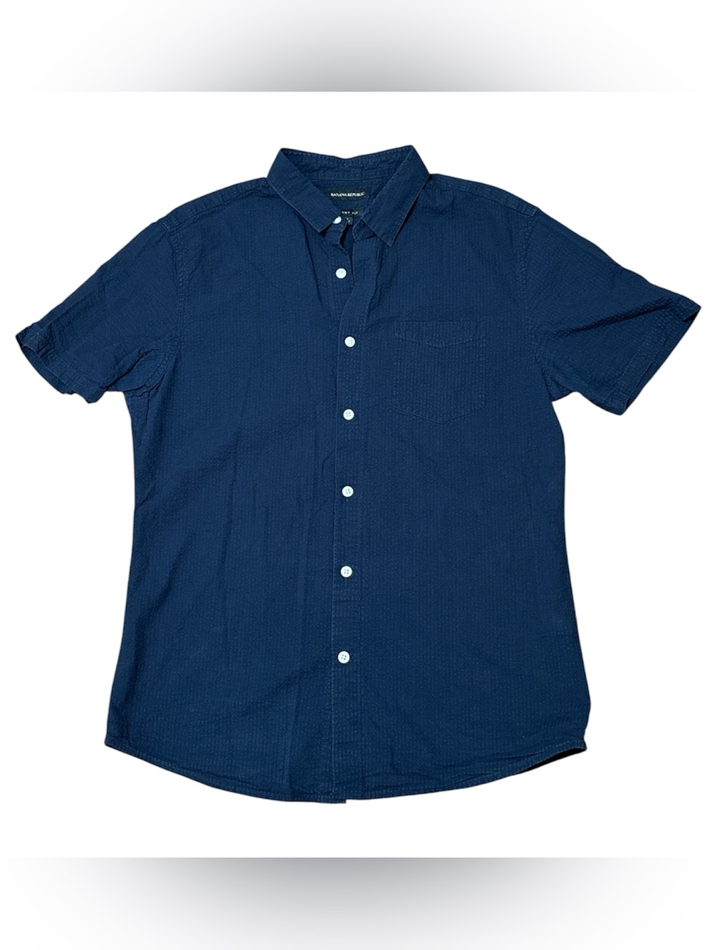 Banana Republic Men Medium Navy Blue Seersucker Short Sleeve Button Shirt Grant